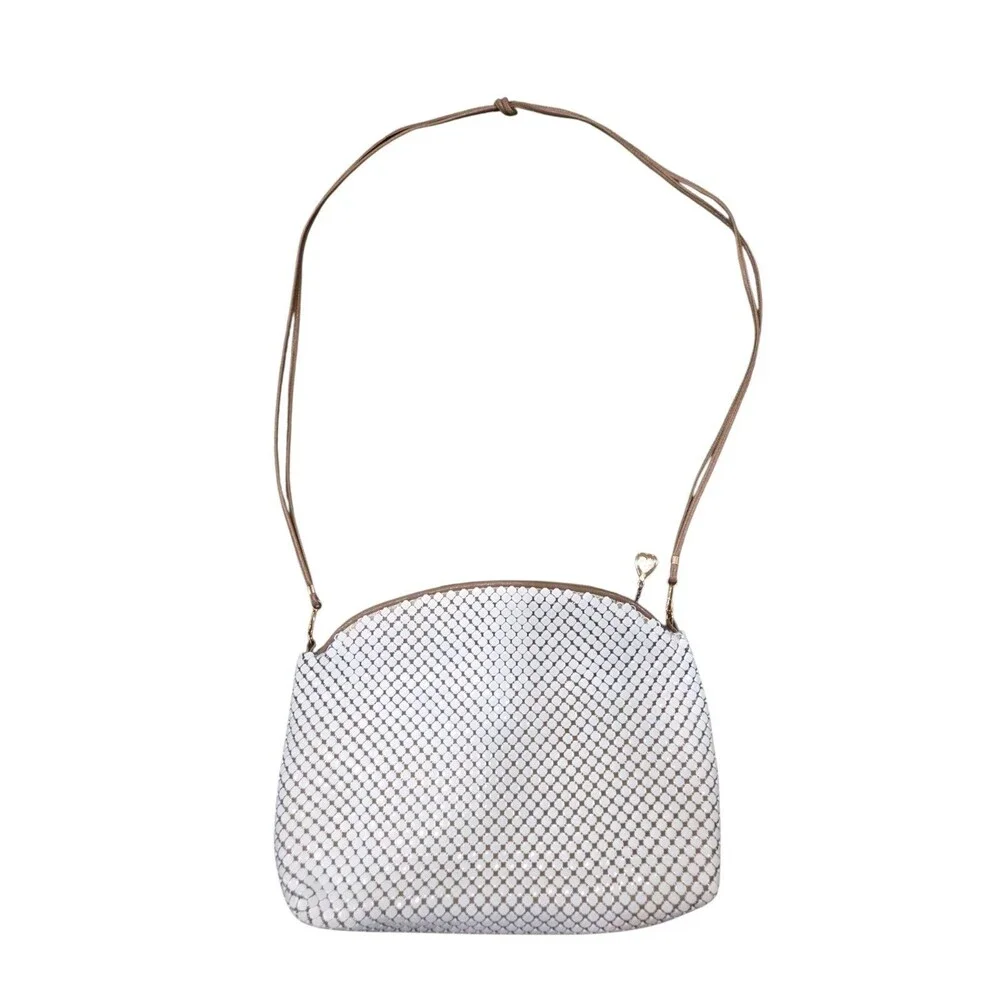 NOS Vintage 70s Whiting & Davis White Enamel Metal Mesh Pouch Shoulder Bag Purse
